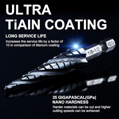 GRENPRO M35 Cobalt Step Drill Bit, 1/8"-1/2", TiAlN, 1/4" Hex Shank - size: 1/8"-1/2"