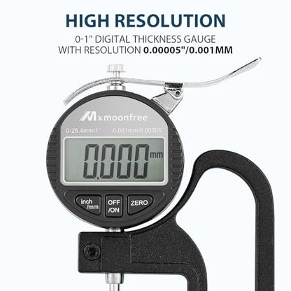 Digital Thickness Gauge 1inch, 0.00005"/0.001mm Resolution