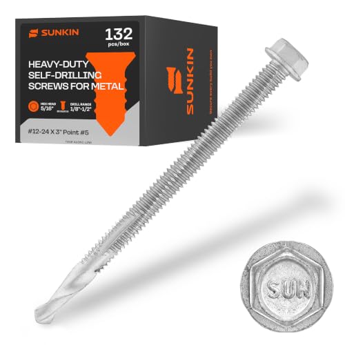 SUNKIN 132PCs Self Tapping Screws for Metal, Hex Head #12 x 3 Inch, Self Drilling for Thick Steel, Less Effort Installation, Long Lasting Anti Rust Coating - size: #12 x 3 inch(132pcs)