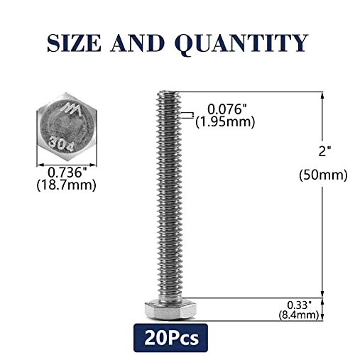 1/2-13 x 2 Hex Head Screw Bolt, 20Pcs 18-8 (304) Stainless Steel, Fully Threaded, Plain Finish, by SG TZH - size: 1/2-13 x 2"
