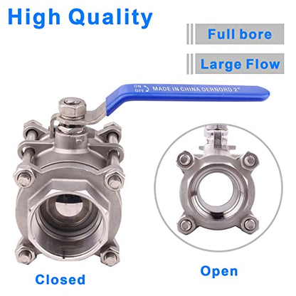 DERNORD Ball Valve 2 Inch NPT Threaded - Stainless Steel 304 Female 3 Piece Full Port (2" NPT Female) - size: 2" NPT Female
