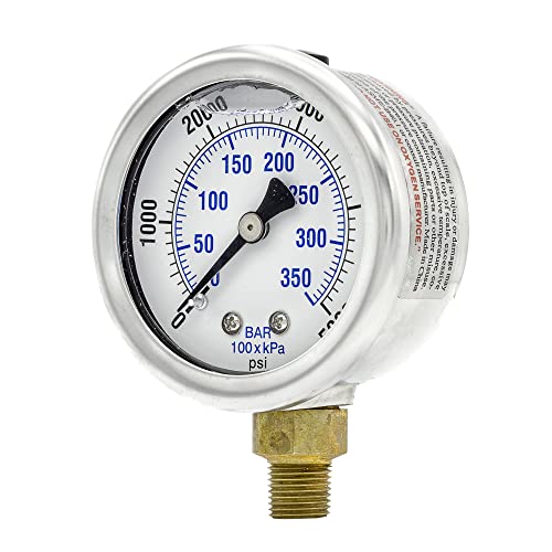 Liquid Filled Lower Mount Pressure Gauge with 2" Dial, 0-5000 PSI, 1/8" Male NPT Connection, Stainless Steel CASE and Bezel (1)