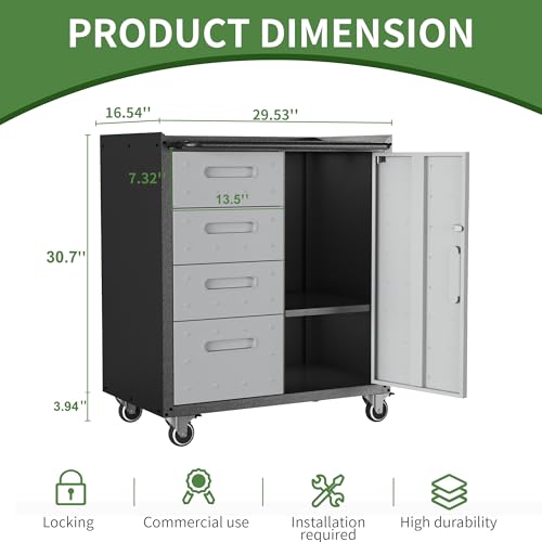 Metal Mobile Tool Storage Cabinet with 4 Drawer and 1 Locking Door - color: Black/Gray, style: 1 door 4 drawer with wheels