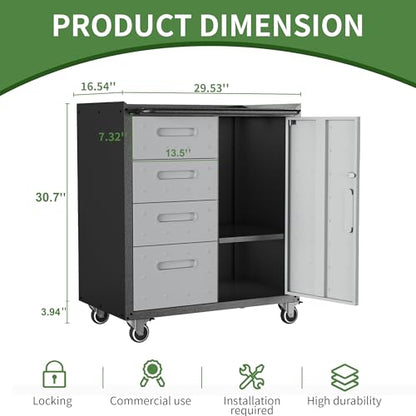 Metal Mobile Tool Storage Cabinet with 4 Drawer and 1 Locking Door - color: Black/Gray, style: 1 door 4 drawer with wheels
