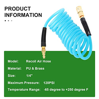 TAISHER 1/4" x 25FT Reinforced Polyurethane Recoil Air Hose With 1/4”NPT Brass air coupler and Plug & Bend Restrictors - size: 25FT