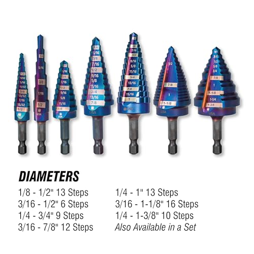 Spyder 1/4 to 3/4-inch Hex Shank 9-Step HSS Drill Bit with Mach-Blue Armor Plating for Steel, Aluminum, Stacked Materials, and More. - size: 1/4-Inch to 3/4-Inch