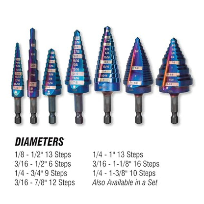 Spyder 1/4 to 3/4-inch Hex Shank 9-Step HSS Drill Bit with Mach-Blue Armor Plating for Steel, Aluminum, Stacked Materials, and More. - size: 1/4-Inch to 3/4-Inch