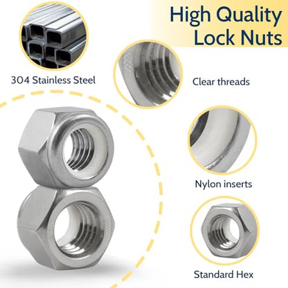 1/2-13 Lock Nut, 20Pcs Stainless Steel Nylock Insert Locking Nut - size: 1/2"-13, 20 Pack