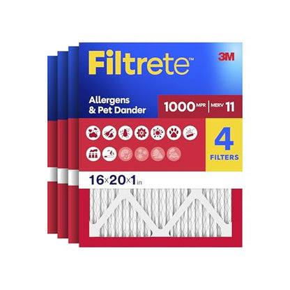 Filtrete 16x20x1 Air Filter, MERV 11, MPR 1000, Allergens & Pet Dander, 3-Month AC and Furnace Filters, Cleaner Air, Reliable Airflow, 4 HVAC Filters (Actual Size 15.68 x 19.68 x 0.81 in) - size: 16x20x1