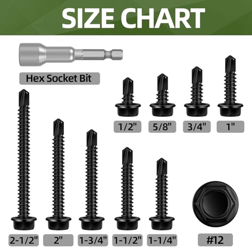 100 PCS #12 x 3/4" Sheet Metal Screws, Black Hex Washer Head Self Drilling Screw, Flanged Self Tapping Screws, 410 Stainless Steel - size: #12 x 3/4"