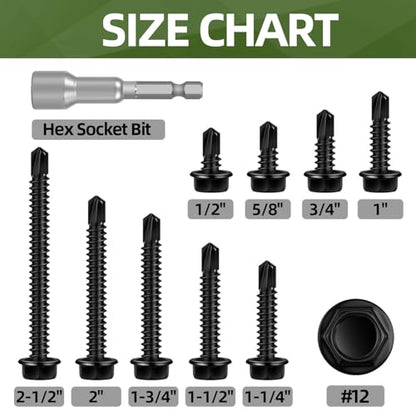 100 PCS #12 x 3/4" Sheet Metal Screws, Black Hex Washer Head Self Drilling Screw, Flanged Self Tapping Screws, 410 Stainless Steel - size: #12 x 3/4"