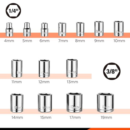ValueMax Metric 1/4" & 3/8" Drive Socket Set, 21PCS 4-19mm Socket Wrench