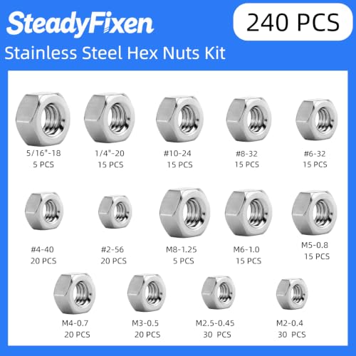 Hex Nuts Assortment Kit, 304 Stainless Steel 18-8 (A2-70), Hardware Nuts Set for Mechanical Repair & Assembly, Silver,[#2#4#6#8#10 1/4" 5/16" M2 M2.5 M3 M4 M5 M6 M8], (240PCS) - size: 240PCS,#2,#4,#6,#8,#10,1/4",5/16",M2‑M6,M8