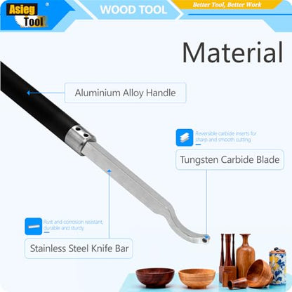 Swan Neck Hollower Tools Bar Wood Turning Tool Set Carbide Tipped Lathe Chisel with Ci3 12mm Round Carbide Insert Cutter for Wood Hobbyist or DIY or Carpenter