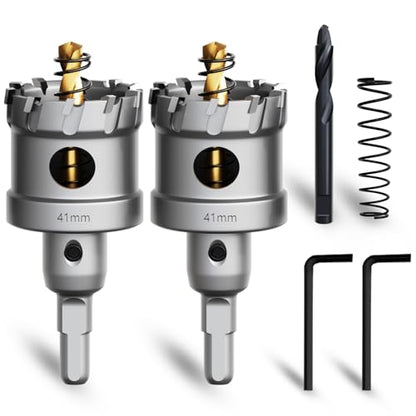 Metal Hole Saw 1-5/8''(41mm) 2Pcs Set Heavy Duty Tungsten Carbide Tipped Hole Cutters Set with a nitrided Step Drill and L-flench, for Steel Iron,Aluminum,Stainless stell,Plastic - size: 1-5/8''(41mm)-2PCS