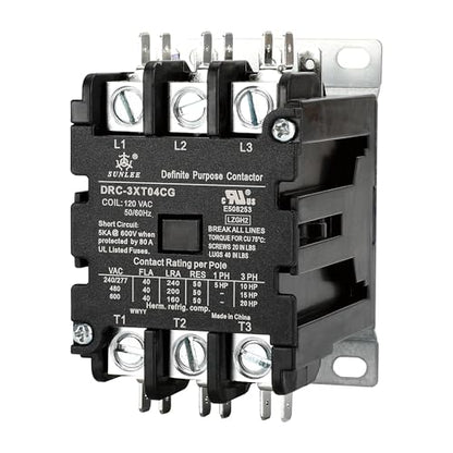 SunLee 3 Pole 40 Amp contactor 120V coil UL DP Contactor HVAC Contactor A2L Compliant 42CF35AF equivalent - size: 3P 40A 120VAC