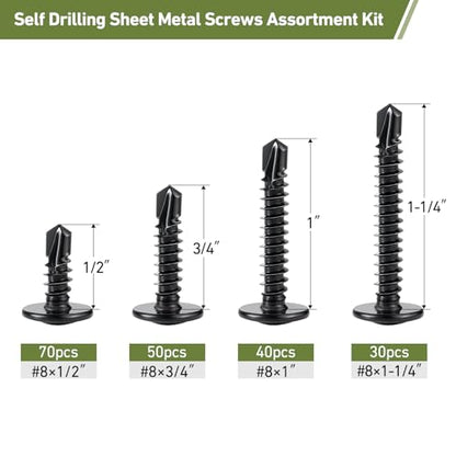 Black Self Tapping Screws Assortment Kit 190PCS, Modified Truss Head - size: B #8 190PCS