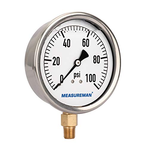 MEASUREMAN 4" Dial Size, Glycerin Filled Plumbing Pressure Gauge, 0-100psi, Stainless Steel Case, 1/4" NPT Lower Mount - size: 0-100psi