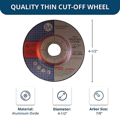 Benchmark Abrasives 4-1/2" Aluminum Oxide Depressed Center Thin Cut Off Wheel .045" Thick 7/8" Arbor, Metal Cutting Grinding Wheel, Angle Grinding Cutting Wheel - 25 Pack