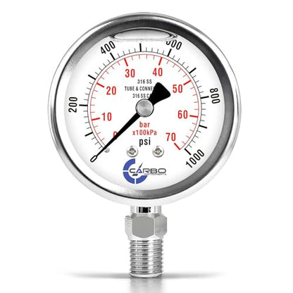 Carbo 1000 PSI Liquid Filled Pressure Gauge with NIST Traceable Certificate, Calibrated in USA Lab, 2.5" Dial, 1/4 NPT Lower Mount, ASME Grade A, 316 SS Case, 316 SS Wetted Parts, PSI/Bar - size: 0-1000 PSI, style: NIST TRACEABLE