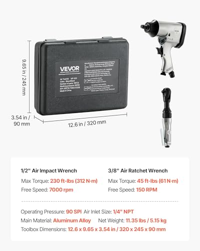 VEVOR 1/2" Air Impact Wrench & 3/8" Ratchet Wrench Combo, 19 Pieces Pro Air Tool and Accessories Kit - Includes 10PCS CR-V Steel Impact Socket Set & Carrying Case for Auto Repair, Home DIY Projects