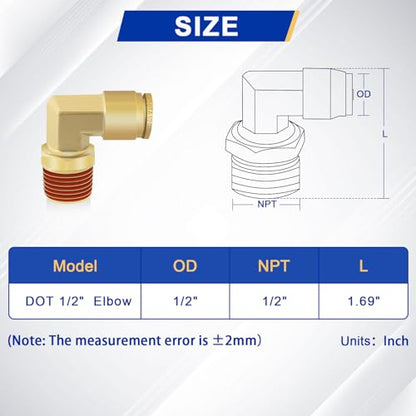 2 PCS DOT Quick Connect Air Fittings 1/2" Tube OD X 1/2" NPT Elbow - size: 1/2" Tube OD x 1/2" NPT - 2 PCS
