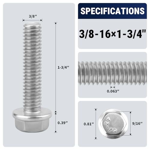3/8-16 x 1-3/4" Flange Hex Bolts, 304 Stainless Steel 18-8, A2-70 Grade, Non-Serrated Flange Bolts for Automotive Repair, Fully Threaded, 10 Pcs - size: 3/8-16 x 1-3/4
