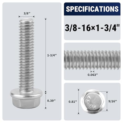 3/8-16 x 1-3/4" Flange Hex Bolts, 304 Stainless Steel 18-8, A2-70 Grade, Non-Serrated Flange Bolts for Automotive Repair, Fully Threaded, 10 Pcs - size: 3/8-16 x 1-3/4