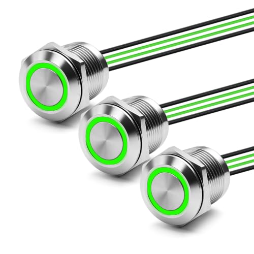 3PCS 19mm 20A Momentary LED Push Button Switch IP67 12V-24V DC Green - color: Green Silver Shell, size: Momentary