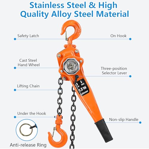 1.5T 3000LBS Manual Lever Chain Hoist - 20FT Lift Heavy Duty Chain Hoist with 2 Hooks, 360 Rotation Hook, Mechanical Efficiency, High-Quality G80 Lifting Chain - color: 1.5 Ton, size: 20 Ft Lift Lever Hoist