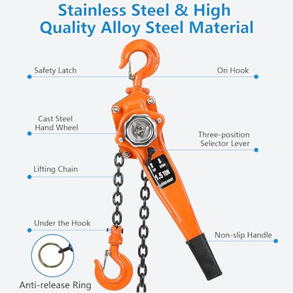 1.5T 3000LBS Manual Lever Chain Hoist - 20FT Lift Heavy Duty Chain Hoist with 2 Hooks, 360 Rotation Hook, Mechanical Efficiency, High-Quality G80 Lifting Chain - color: 1.5 Ton, size: 20 Ft Lift Lever Hoist