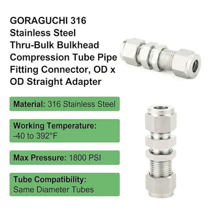1PCS 316 Stainless Steel Thru-Bulk Bulkhead Compression Tube Pipe Fitting Connector, 1/8" Tube OD x 1/8" Tube OD Straight Adapter, for fuel/air/liquid/oil/gas - size: 1/8" Tube OD