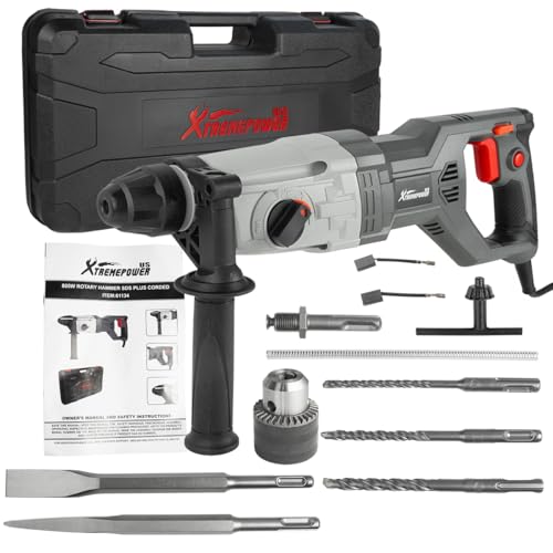 XtremepowerUS 800W SDS-Plus Electric Rotary Hammer Drill Demolition Chiseling & Drilling Bits Set 4 Functions Corded Variable Speed for Concrete, Includes 3 Drill Bits, 2 Chisels, Case - size: 800W