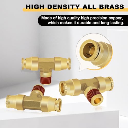 Siptenk 3/8" OD Tube x 1/4" NPT Thread Tee Brass Push to Connect Fittings - color: 3/8" OD & 1/4" NPT Tee