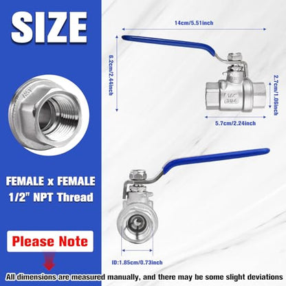 2 Pack Ball Valves 304 Stainless Steel 1/2 Inch NPT Female to Female Thread Full Port Ball Valve Pipe Connector with Lever Handle, Heavy Duty Shut Off Valve for Water, Oil, and Gas, 1000WOG - style: 1/2" Female x Female NPT-Long Handle