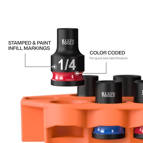 Klein Tools 33809 Grab-And-Go Impact Socket Set, SAE, 10-Piece Set with Sleeve, Carabiner, and 3/8-Inch Drive, Color-Coded 1/4, 5/16, 3/8, 7/16, 1/2, 9/16, 5/8, 11/16, and 3/4-Inch Sockets - style: 10-Piece SAE