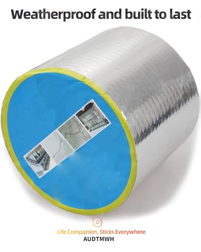 AUDTMWH Butyl Rubber Aluminum Foil Tape 2 in x 16.4 Ft (W x L), Super Waterproof Aluminum Butyl Tape, Multi-Use Repair for Boat and Pipe Sealing, Window Sealing