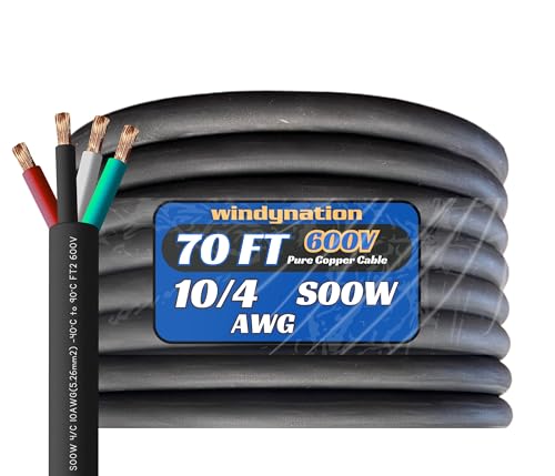 WindyNation 10/4 70 Feet 10 AWG SOOW SO Cable Cord Wire - 10 Gauge 4 Conductor 600V Portable Power Extension Cord Cable for, Motor Leads, Portable Lights, and Battery Chargers, 10G-4C - style: 70