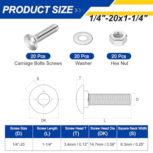 20Set 1/4"-20x1-1/4 Carriage Bolt with Hex Nut & Washer 304SS - color: Silver, size: 1/4"-20x1-1/4