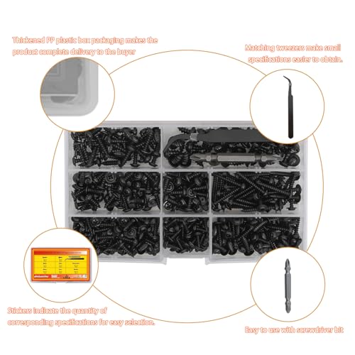 400pcs Black Carbon Steel Self Tapping Screws Assortment Kit - M3 M3.5 M4 M5 Pan Head Screws with Washers, Hex Keys & Tweezers for Wood Metal Plastic DIY Projects