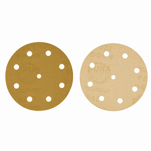 Dura-Gold 5" Gold Sanding Discs, 320 Grit, Box of 50, 9 Hole Pattern, H & L - size: 320-Grit