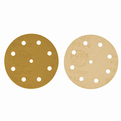 Dura-Gold 5" Gold Sanding Discs, 320 Grit, Box of 50, 9 Hole Pattern, H & L - size: 320-Grit