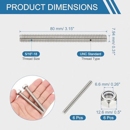 PATIKIL 6 Pcs Fully Threaded Rod, 5/16-18 304 Stainless Steel Right Hand Long Thread Bar Studs with Nuts for Pipes Clamps Hangers U-Bolts - size: 5/16-18