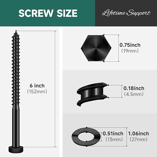 (4Sets) 1/2" x 6" Hex Head Lag Bolts, Heavy Duty Lag Screws with Washers, 304 Stainless Steel, 1/2 Bolt for Wood, Partial Thread, Black Oxide - size: 1/2" x 6"