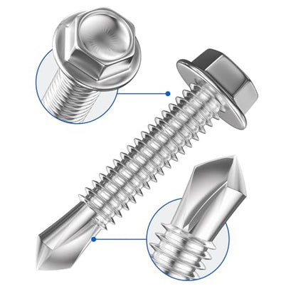 Wensilon (400Pcs) #8×1/2" Hex Washer Head Self Drilling Screws, 410 Stainless Steel Metal SheetScrews，TEK Screws, Sheet Metal Self Tapping Screws - color: Silver, size: #8×1/2"