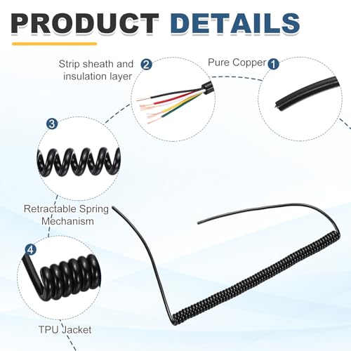 MECCANIXITY 5ft 24AWG Retractable Coiled Coil Cord 300V 105℃ 5 Conductor - size: 5ft x 24AWG, 5 Conductor