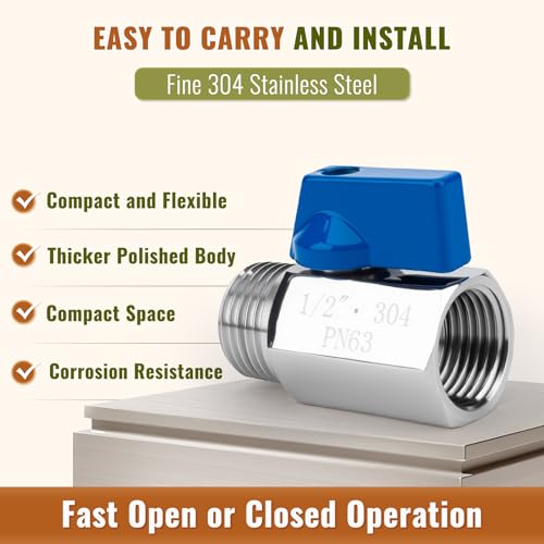 2 Pack 1/2" Mini Ball Valve, 304 Stainless Steel Valve NPT Female x Male Thread Shut-Off Valves for Small Compact Space (2, 1/2 Inch) - size: 1/2 Inch