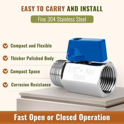 2 Pack 1/2" Mini Ball Valve, 304 Stainless Steel Valve NPT Female x Male Thread Shut-Off Valves for Small Compact Space (2, 1/2 Inch) - size: 1/2 Inch
