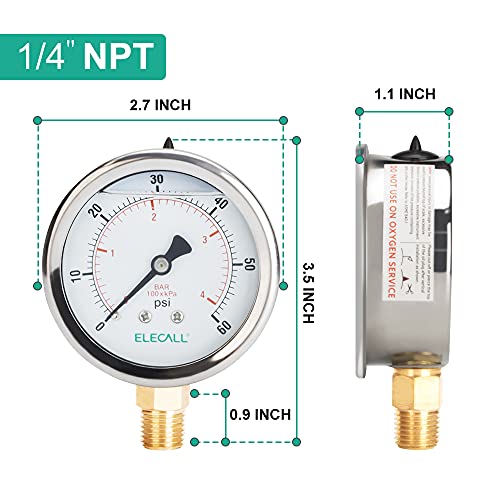 60psi Silicone Oil Filled Pressure Gauge for Water Oil Air Pressure Test in Pool Pump Sand Filter Air Compressor Water System, 2-1/2" Stainless Steel Case, Lower Mount 1/4" NPT - size: 0-60 Psi, style: Lower Mount