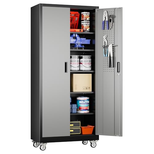 Aobabo Upgraded Garage Storage Cabinets with Wheels,Metal Storage Cabinets with 5 Adjustable Shelves for Garage Home Office Storage, Black&Dark Grey,71''H*32''W*16''D,Assembly Required - color: Black Drak Gray, size: 16"D x 32"W x 71"H
